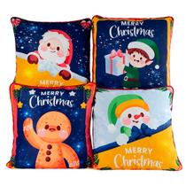 Kit com 4 Capas de Almofadas Estampadas Natal Ano Novo Estampadas 45cm x 45cm com Viés - Decoração Natalina Festas Fim de Ano Ceia Sala Sofá Quarto