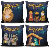 Kit com 4 Capas de Almofadas Estampadas Natalinas Feliz Natal Família Sagrada 45cm x 45cm - Jogo Decorativas Festas Fim de Ano Presépio Religiosa Ceia