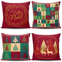 Kit com 4 Capas de Almofadas Estampadas Natalinas Feliz Natal Fim de Ano 45cm x 45cm - Jogo Conjunto Decoração Festas Ceia Véspera Sala Quarto