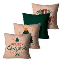 Kit com 4 Capas de Almofadas Feliz Natal Bege e Verde