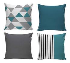 Kit Com 4 Capas Para Almofadas Decorativas De Sofá Azul/Cinza Listras