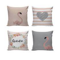 Kit com 4 Capas para Almofadas Decorativas de Sofá Flamingos Cinza e rosa