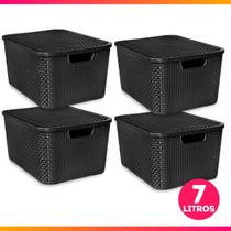 Kit Com 4 Cesto Caixa Organizadora Rattan Com Tampa 7 Litros Preto