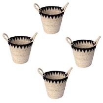 Kit Com 4 Cestos De Fibra Natural E Algodao Com Alca 26X25Cm Palha Preto Kit Com 4 Cestos De Fibra Natural E Algodao Com Alca 26X25Cm Palha Preto