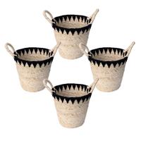 Kit Com 4 Cestos De Fibra Natural E Algodão Com Alça 30X28Cm Preto