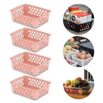 Kit Com 4 Cestos Organizadores Grande 25x19,5x6cm Tamanho G Rosa Preto Branco Transparente Kit Com 4 Cestos Organizadores Grande 25x19,5x6cm Tamanho G Rosa Preto Branco Transparente