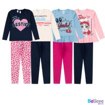 Kit com 4 Conjuntos de Blusa manga longa e Calça Legging Meia Estação Roupa Menina