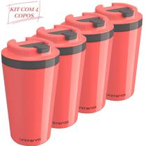 Kit com 4 Copos Térmico Minas 400ML Tampa Parede Dupla Multiuso Squeeze Unitermi Café Chá Suco Leite