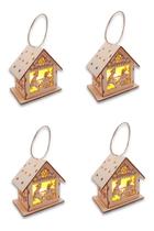 Kit Com 4 Enfeite Pendente Natal Casinha De Madeira Luz A Pilha