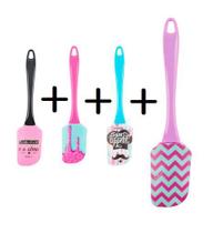 Kit com 4 Espátula Pão Duro de Silicone Decorada Cabo Acrílico Colorido 24 cm