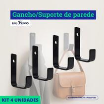 Kit com 4 Ganchos/Suporte de Parede em Ferro Reforçado Preto
