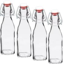 Kit com 4 Garrafa De Vidro 240ml com Tampa Hermética de Geladeira para Drink Suco Leite