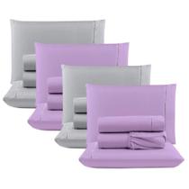 Kit Com 4 Jogos Cama Lençol Casal Padrão Micro Percal 400 Fios Ponto Palito 4 Peças Lilás + Cinza