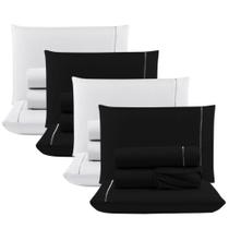 Kit Com 4 Jogos Cama Lençol Casal Padrão Micro Percal 400 Fios Ponto Palito 4 Peças Preto + Branco