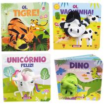 Kit Com 4 Livros Dedoche Interativos Cartonados Coleção Dedinhos Fantoches Vaquinha Dinossauro Unicórnio Tigre - Pé da Letra