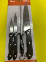 Kit com 4 peças, sendo 3 facas e 1 haste para afiar. Kit com 4 peças, sendo 3 facas e 1 haste para afiar.