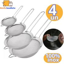 Kit com 4 Peneira Coador em Aço Inox Multifuncional Para Farinhas Alimentos Frutas uso Cozinha 12cm