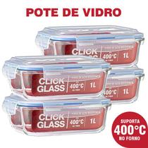 Kit com 4 potes de vidro click glass premium 100% herméticos