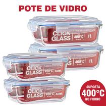 Kit com 4 potes de vidro click glass premium 100% herméticos