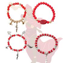 Kit com 4 Pulseiras Iansa Vermelha Cristal e Silicone
