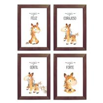 Kit com 4 Quadros Decorativos - Cavalo - Cavalinho aquarela