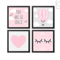 Kit com 4 Quadros Decorativos Infantil Balão Nuvens menina Kit com 4 Quadros Decorativos Infantil Balão Nuvens menina