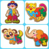 Kit com 4 quebra cabeça de animais de madeira