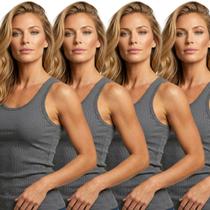 Kit com 4 Regatas Feminina Ribana Canelada Slim Fit Básica Casual Academia Dia a Dia