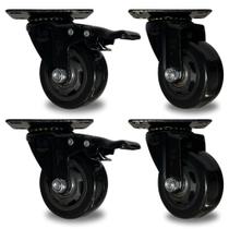 Kit com 4 Rodinhas de 75 mm Giratório 2 Com Trava e 2 Sem Trava Rodinha Preta Reforçada com Rolamento Esfera Sofá Mesa Armario