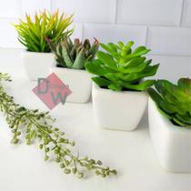 Kit Com 4 Suculenta Artificial Mini Vaso de Cerâmica Branco - Decor Artificial