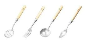 Kit Com 4 Utensílios - Colher Concha Garfo E Escumadeira Cabo Madeira 28x5cm Kit Com 4 Utensílios - Colher Concha Garfo E Escumadeira Cabo Madeira 28x5cm