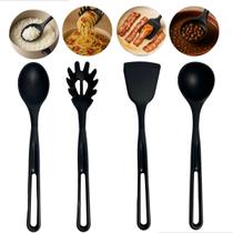 Kit Com 4 Utensílios De Cozinha Em Silicone Preto Resistente ao Calor Não Risca Panela Antiaderente