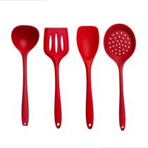 Kit Com 4 Utensílios De Cozinha Em Silicone Vermelho Resistente ao Calor Não Risca Panela Antiaderente