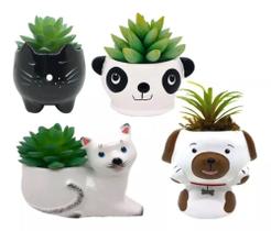 Kit com 4 Vasinhos para Suculenta Gato Cachorro Panda - Decore Casa