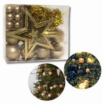 Kit com 44 Peças de Enfeite Natalino com Estrela, Bolinhas, Festão e Cordão de Pérolas - Dourado