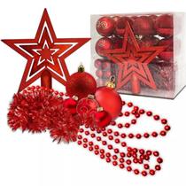 Kit com 44 Peças de Enfeite Natalino com Estrela, Bolinhas, Festão e Cordão de Pérolas - Vermelho