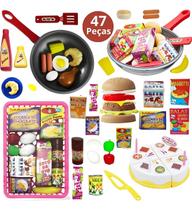 Kit com 47 peças Comidinhas de Brinquedo Cozinha Bolo Frigideira Mercadinho Infantil