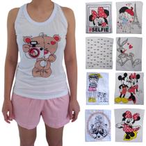 Kit Com 5 Baby Doll 100% Algodão Com Camiseta Nadador de Personagens e Shortdoll Pijama Feminino