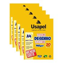 Kit com 5 Bloco de Desenho Branco A4 140g 20Fls Usapel