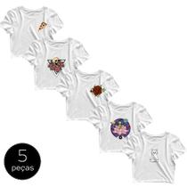 Kit com 5 Blusinhas Cropped Blusa Tshirt Camiseta Feminina Alien Pizza Rosas Caveira Skull Rock Gatinho Branca