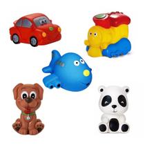 Kit Com 5 Brinquedos De Vinil Para Bebê Maralex - Carro, Avião, Trem, Cachorro e Panda