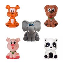 Kit Com 5 Brinquedos De Vinil Para Bebê Maralex - Elefante, Panda, Cachorro, Porco e Tigre