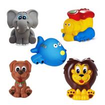 Kit Com 5 Brinquedos De Vinil Para Bebê Maralex - Trem, Avião, Cachorro, Elefante e Leão Kit Com 5 Brinquedos De Vinil Para Bebê Maralex - Trem, Avião, Cachorro, Elefante e Leão