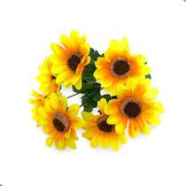 Kit com 5 Buquês de Girassol Artificial Com 7 Flores Miolo Marrom