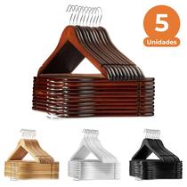 Kit com 5 Cabides de Madeira Luxo, Adulto com Gancho Giratório 44 cm, Cores: Marfim/Mogno/Branco/Preto
