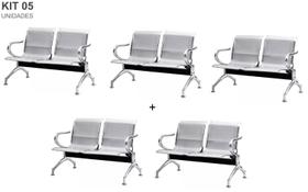 Kit com 5 Cadeiras Longarina Aeroporto Cromada 2 Lugares