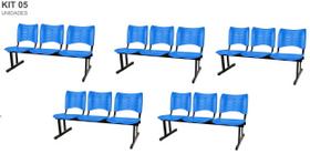 Kit com 5 Cadeiras Longarina PLÁSTICA 03 Lugares Cor Azul Mastcmol