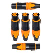 Kit com 5 Conectores XLR Fêmea Profissional Laranja