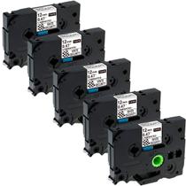 Kit com 5 Fita Compatível para Rotuladora TZC-231 TZE-231 TZ231 12mm x 8m Branco Letra Preta Etiquetadora