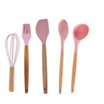 kit com 5 peças utensilio silicone e bambu lyor rosa